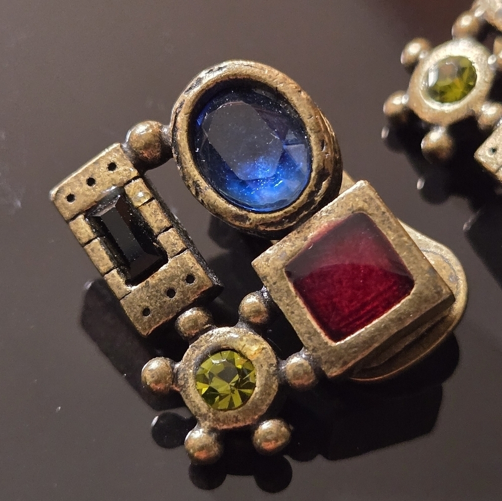 Chico's Vintage 1980s Clip-On Earrings with Blue and Red Green Stones In Brozen - Picture 2 of 16